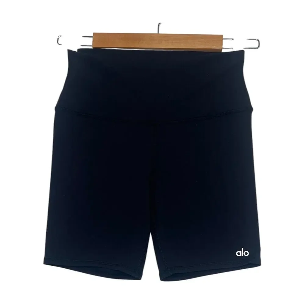 Alo Biker Shorts Womens Small Black Yoga Stretch Logo Athleisure Athletic Gym